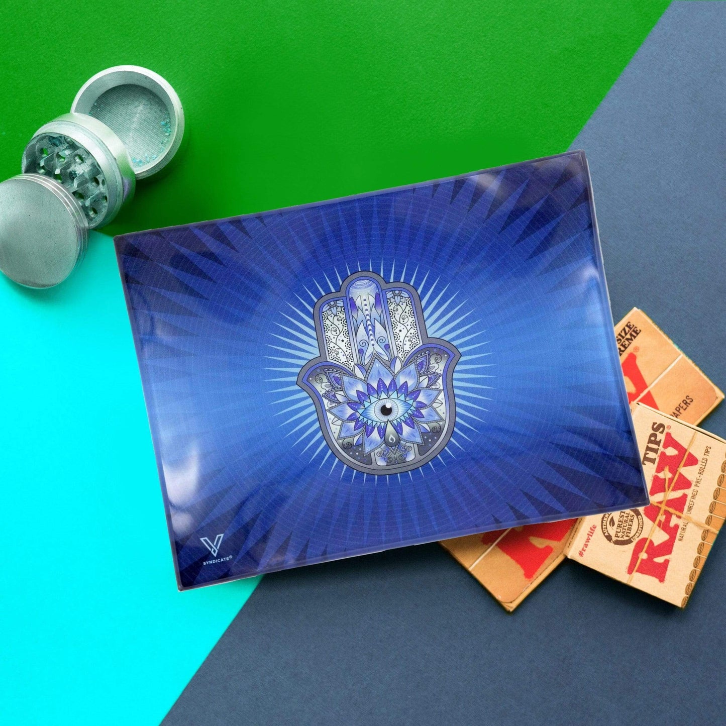 Hamsa Blue Glass Rollin' Tray 2 Size Options