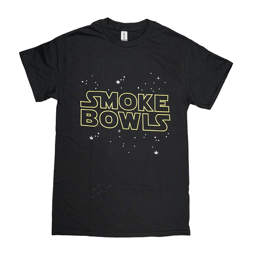 Black Brisco Brands Smoke Bowls T-shirt featuring a yellow sci-fi inspired logo with cannabis leaf accents and star field graphic.