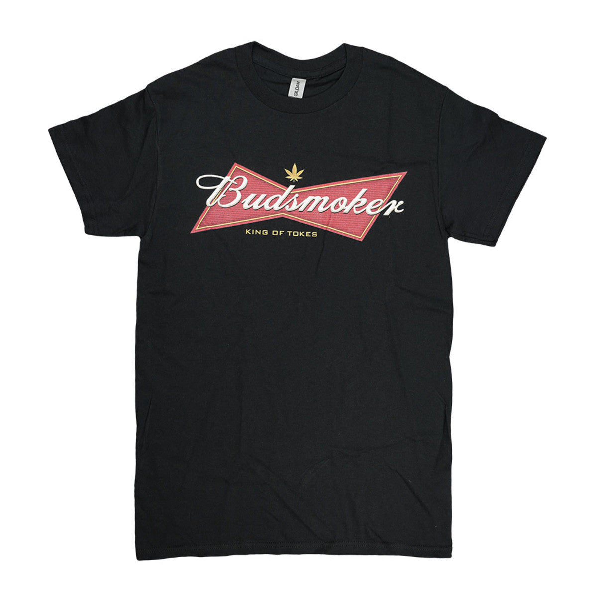 Black Brisco Brands Budsmoker T-shirt featuring a red and white beer-inspired parody logo with a gold cannabis leaf and 'KING OF TOKES' text.