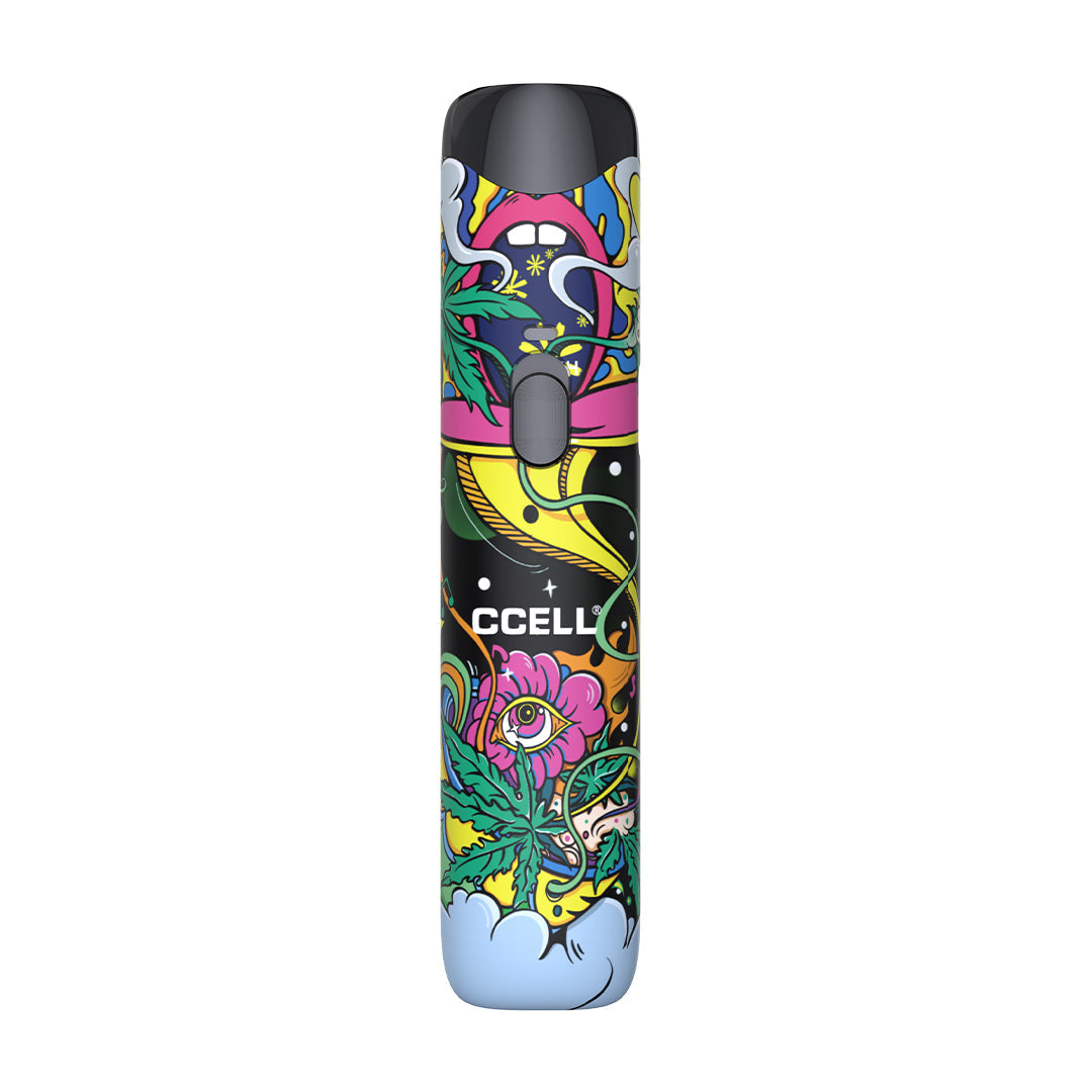A front-facing studio shot of the CCELL Go Stik 510 Battery in Limited Edition Tattoo 2. The image displays a highly vibrant, psychedelic street-art pattern across the anti-slip body. Key mapped visual elements include detailed cannabis leaves, stylized open-mouth lips with a "!" and a "9" symbol in the left and right ears (referencing the original image composition/symbols), and abstract geometric shapes. The specific "H/L" voltage slider in silver and the central LED light are visible amidst the multi-col