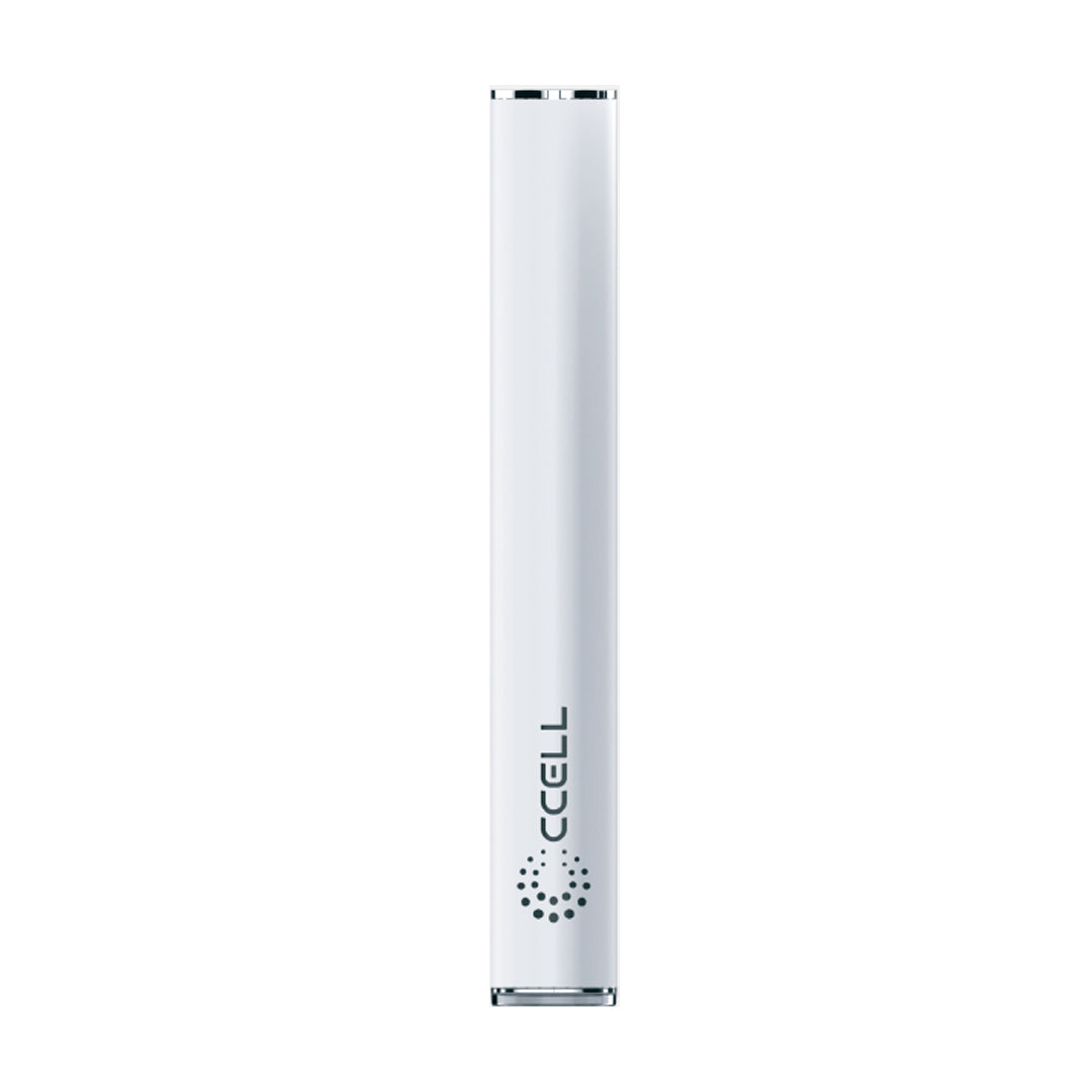 The CCELL M4 in a crisp White finish, emphasizing the minimalist aesthetic and the draw-activated design of this compact, lightweight vape pen battery.