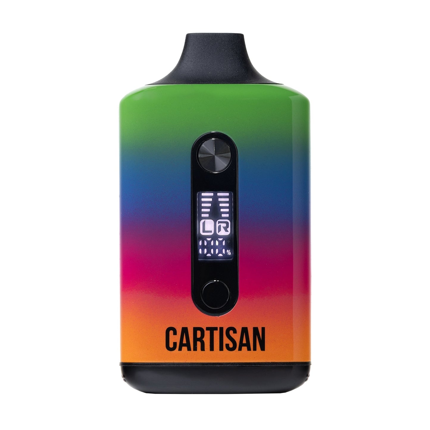 Vibrant rainbow gradient Cartisan Veil Bar Duo 510 battery, an incognito dual-cartridge vape mod with an advanced LED display for voltage and battery tracking.