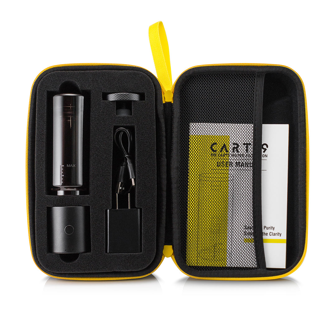 A clean, top-down studio shot of the Cloudious9 Carti9 nestled inside its open portable carrying case. The premium, black zippered soft shell case features custom-molded foam compartments that neatly hold the Carti9 vaporizer unit, the Type-C charging cable, and the AC wall adapter securely in place for travel.
