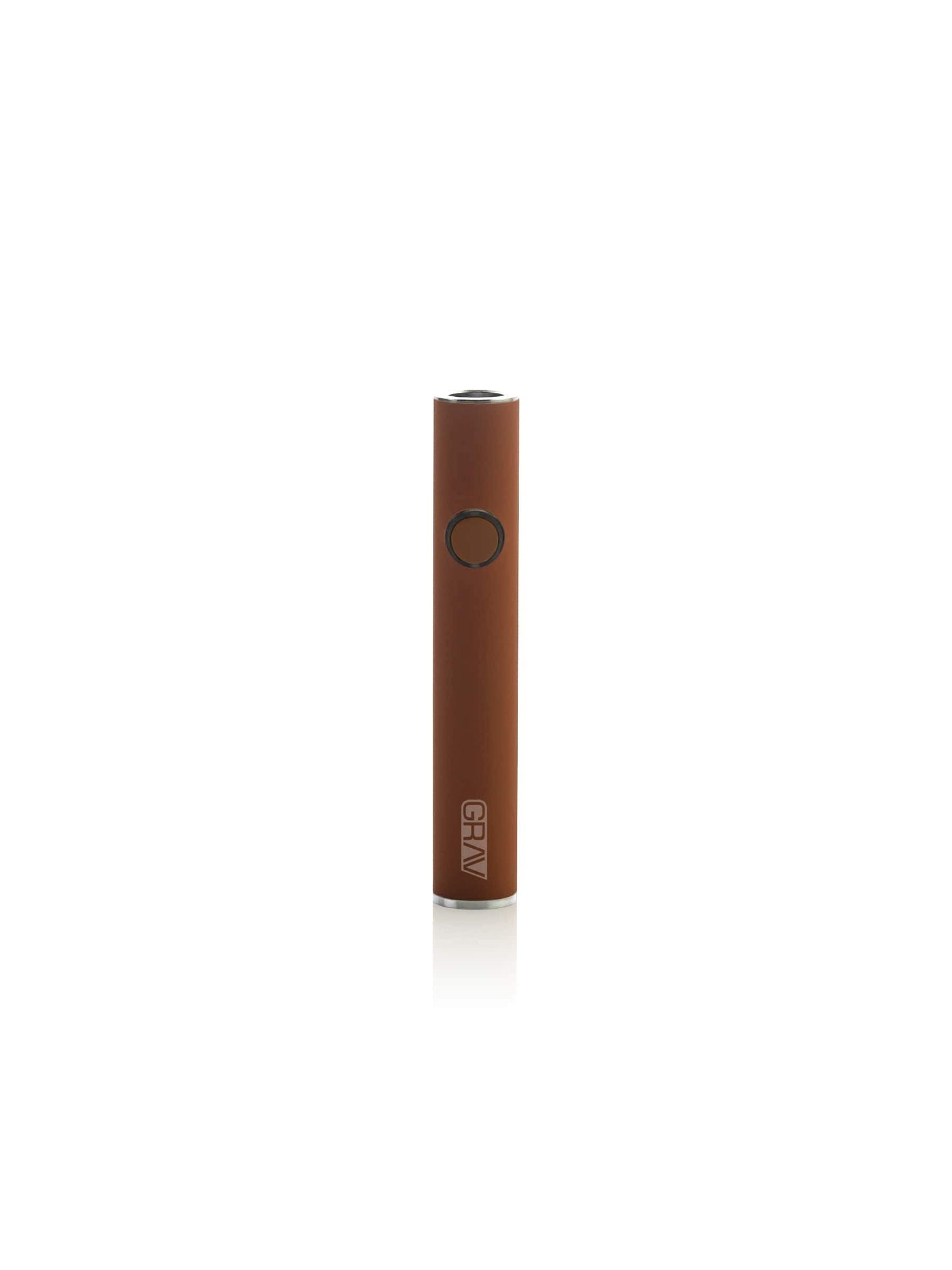 A vertical studio shot of the GRAV® Micro-Pen Battery in Cayenne. The image showcases the sleek, cylindrical 3-inch body in a deep earthy red matte finish, featuring the minimalist circular power button and the vertical GRAV logo etched near the base.