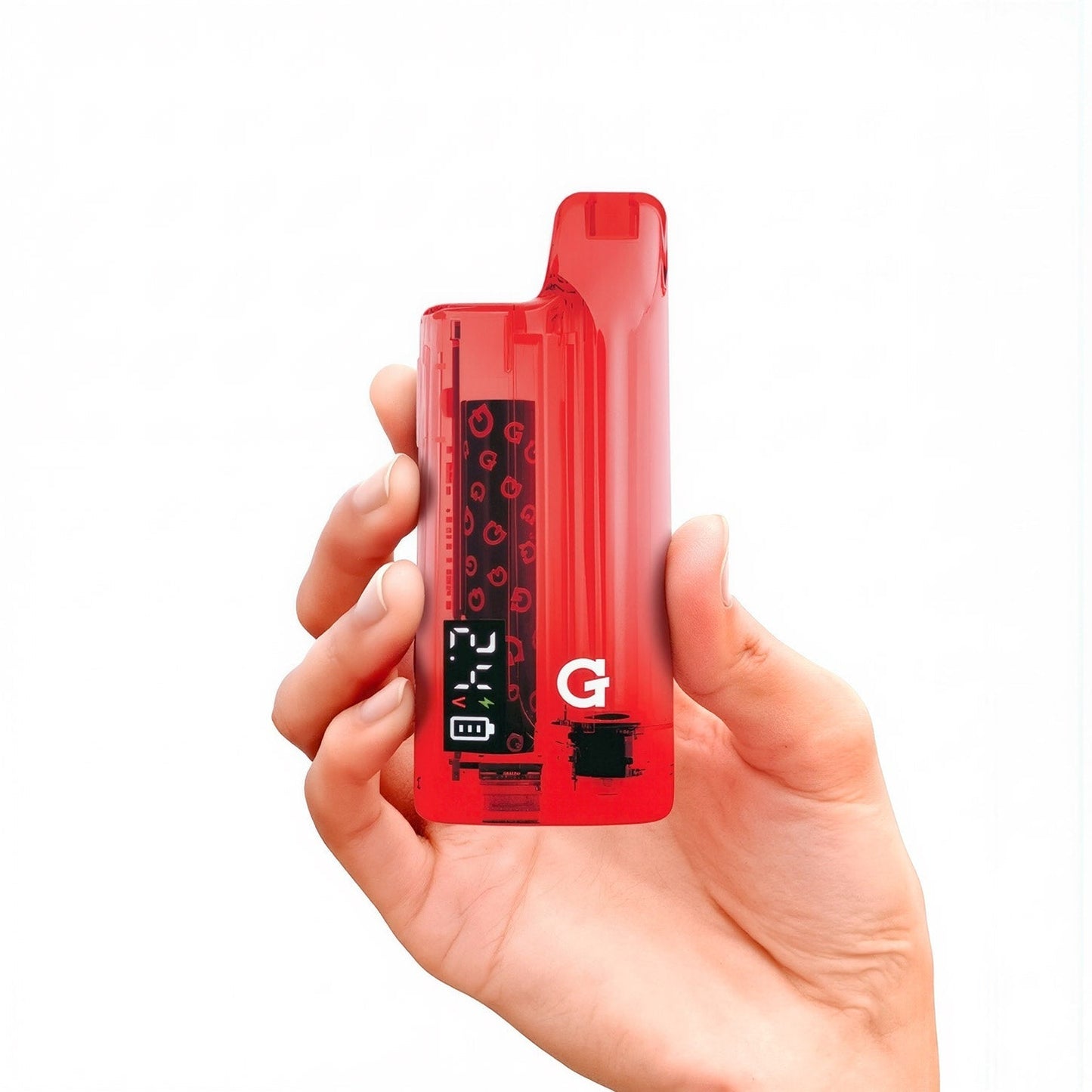 Handheld scale shot of the G Pen Hydout Red Translucent 510 battery demonstrating its compact, palm-sized portability.
