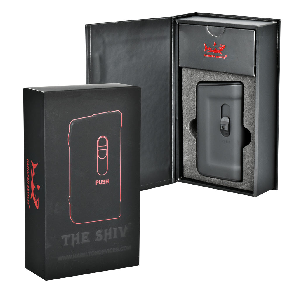 A side-by-side presentation of The Shiv retail packaging. On the left stands the fully enclosed black box featuring metallic branding graphics; on the right, an open box reveals the custom-cut internal protective foam insert designed to hold the heavy-duty battery safely during shipping.
