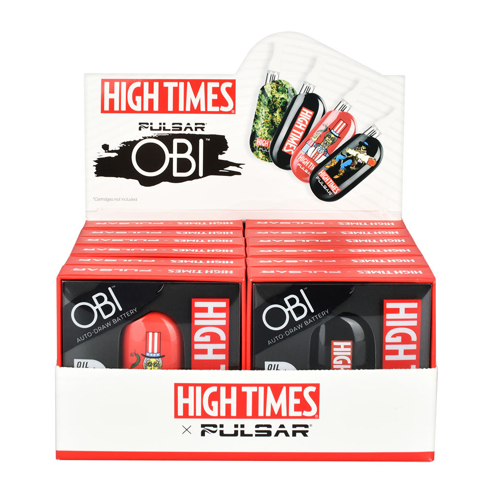 A dynamic, angled studio presentation shot of the official High Times x Pulsar Obi countertop retail display box. The cardboard pop-up display holds a complete assortment of the licensed 510 cartridge batteries standing upright, showcasing the full variety of vibrant graphic options—including Cowboy, Flower, Logo, and Uncle Sam—against bold High Times® branding along the backcard header.