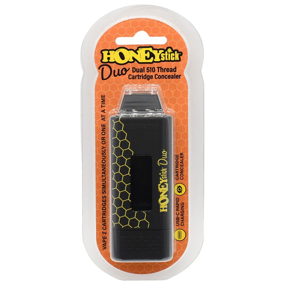 A clean studio presentation of the official HoneyStick DUO retail box packaging. The vibrant, high-quality cardboard box displays prominent HoneyStick branding, bold product graphics of the dual-firing mod, and clear text highlighting its auto-draw functionality and universal 510-thread compatibility.