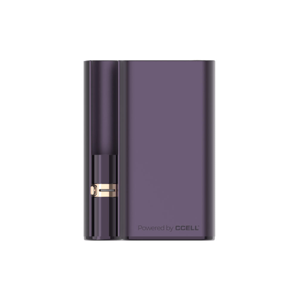 A front-profile studio shot of the Jupiter CCELL Palm Pro in Purple. The unit is coated in a rich, metallic violet purple finish, highlighting its smooth, buttonless design and the compact, drop-in cartridge port on top.