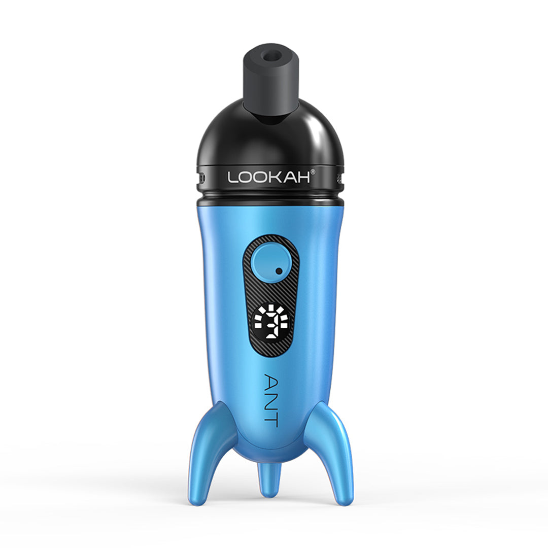 A front studio product shot showcasing the LOOKAH Ant Wax Dab Pen Vaporizer in Metallic Blue, displaying the vibrant blue body, dark tripod legs, black top cap, and digital display screen.
