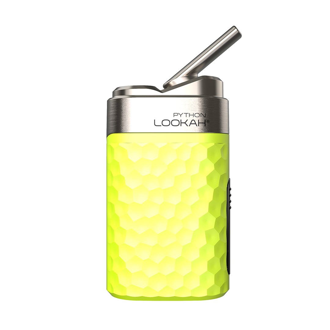 A high-resolution studio product shot showcasing the LOOKAH Python Wax Vaporizer in Neon Green. The photo highlights the bright, high-visibility neon yellow-green chassis featuring the snake-skin textured grip, brushed titanium top cap, and the 360-degree rotating metal mouthpiece.