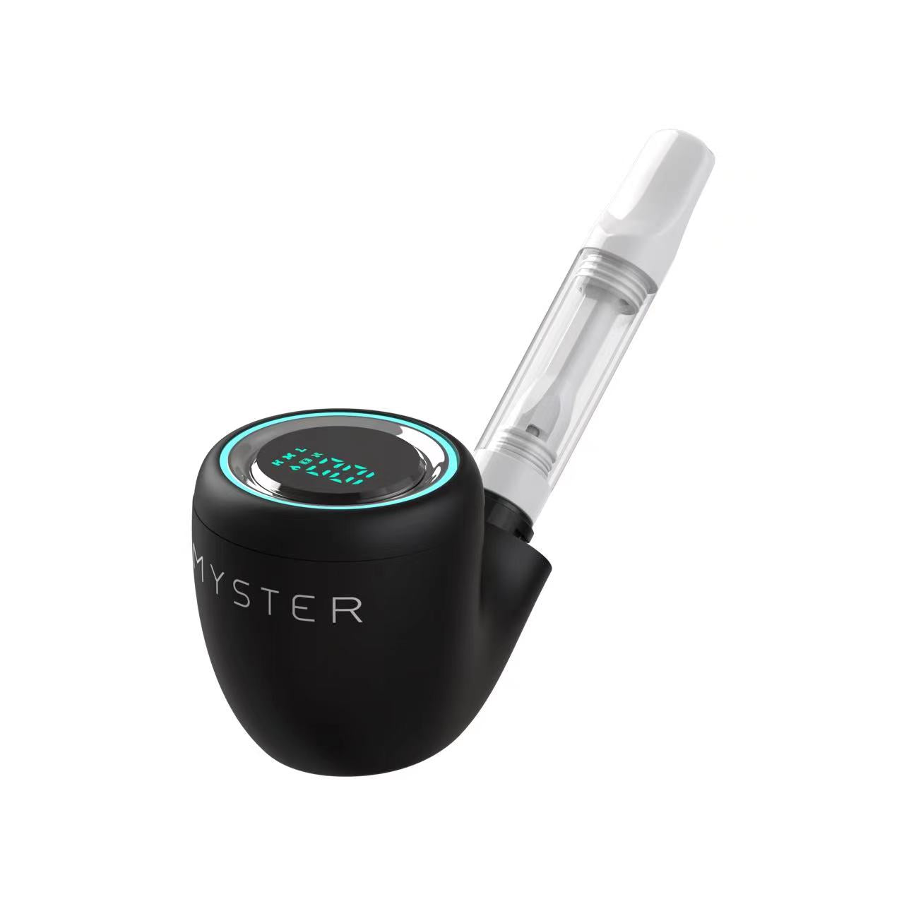 The Myster PYPE matte black Sherlock-style 510 battery, shown with a transparent 510 vape cartridge inserted and a white mouthpiece. The digital LED display is illuminated.
