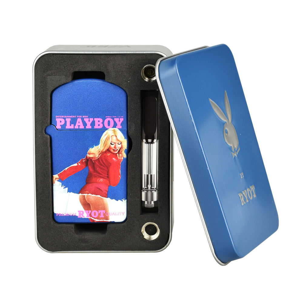 A comprehensive unboxing product shot displaying the Playboy x RYOT VERB Classic Cover edition nestled inside its official collectible metal storage tin. The foam insert securely holds the closed lighter-style vape battery and the black charging cord, while the branded metal tin lid is propped neatly against the back of the open container.