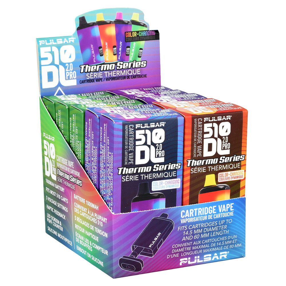Pulsar 510 DL 2.0 Pro Thermo Series retail display box featuring a 1000mAh battery, haptic feedback, 5 voltage settings, and compatibility with cartridges up to 14.5mm diameter. Get genuine Pulsar gear at Bong Bros!