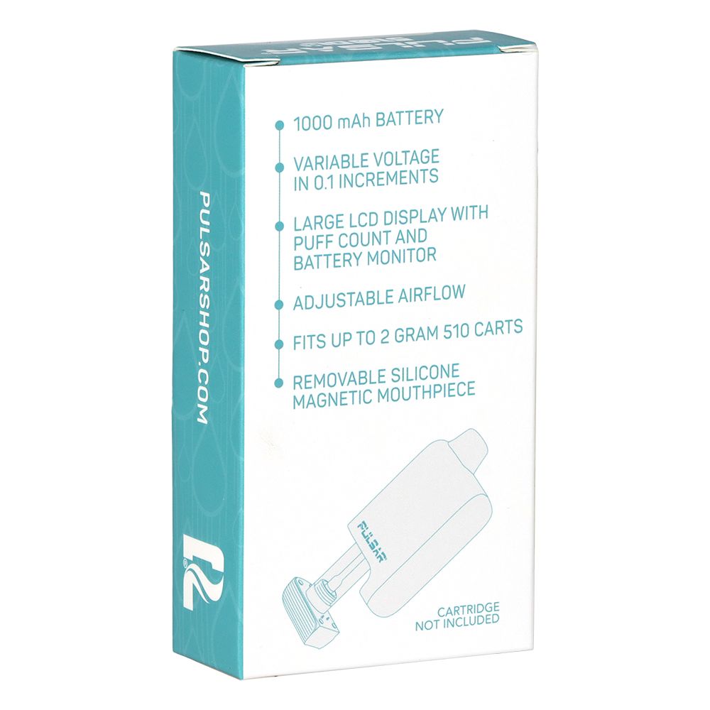 Rear view of the Pulsar 510 DL 5.0 retail box, detailing technical specs including the puff counter and variable voltage range.