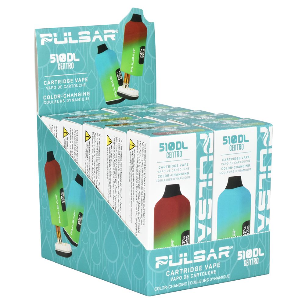 Pulsar 510 DL Centro Thermal retail display box featuring both Siren's Snare and Forbidden Fruit color-changing discreet vape batteries.