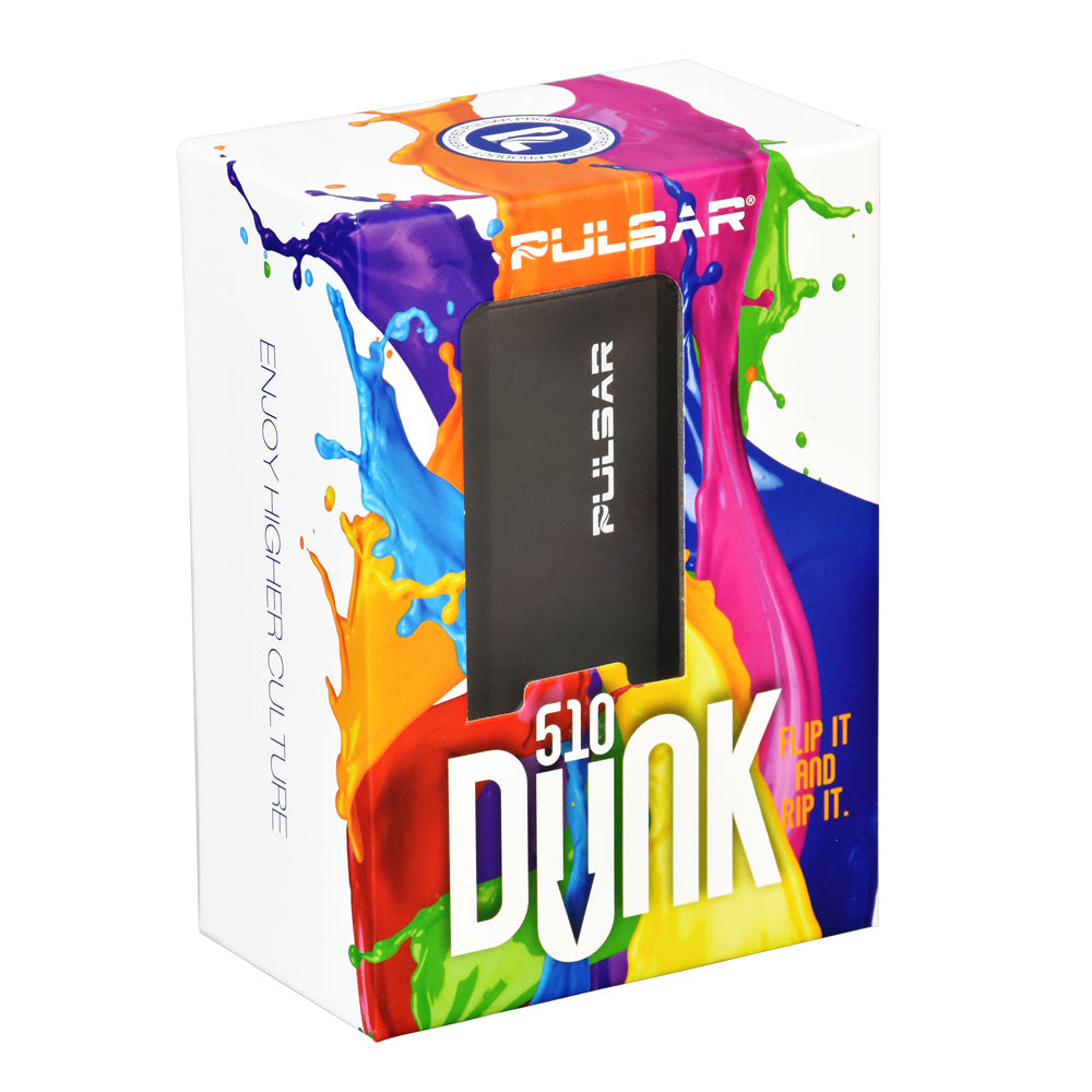 A clean, front-facing studio shot of the official Pulsar 510 Dunk 2-In-1 Vaporizer retail box. The premium packaging highlights vibrant graphics of the device, clearly listing key features like the 750mAh battery capacity, variable voltage, and dual-use compatibility for oil cartridges and wax concentrates.