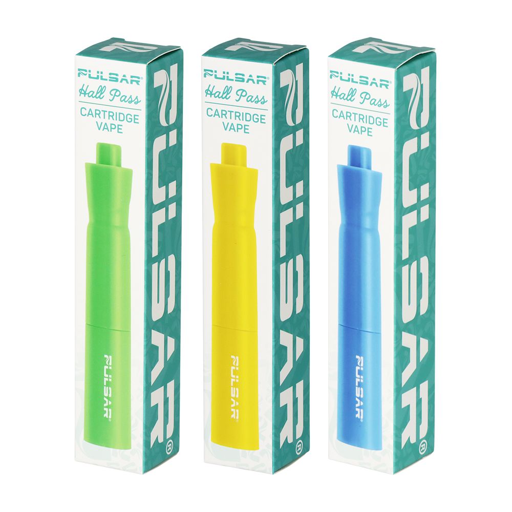 Retail packaging for the Pulsar 510 Hall Pass Cartridge Vape featuring green, yellow, and blue color options in professional display boxes