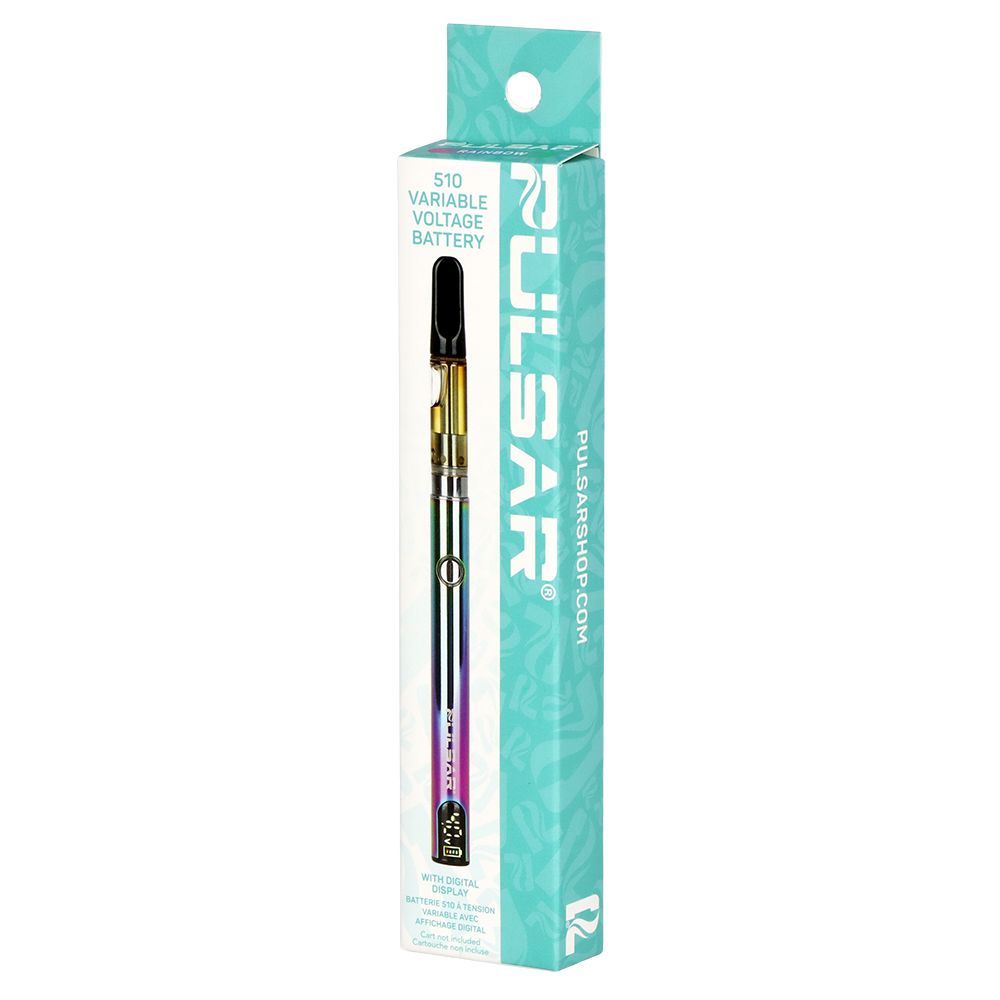 The official retail packaging for the Pulsar Digital Display Slim 510 Battery (Rainbow Iridescent), highlighting the unique multi-color finish and advanced digital controls.