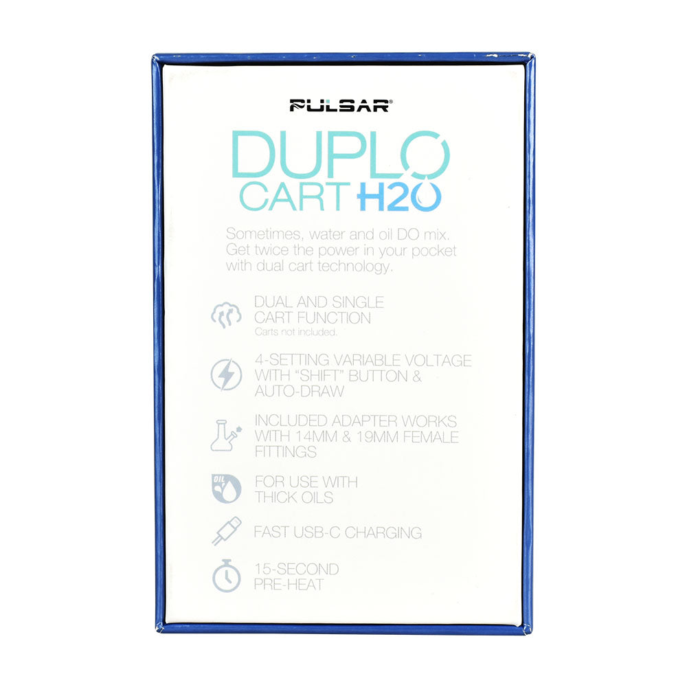 The back of the Pulsar DuploCart H2O retail box, detailing the product features, specifications, and dual-cartridge operation instructions for the end user.