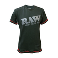 A charcoal grey RAW® T-shirt featuring a large distressed silver logo on the chest, with distinct red contrast stitching on the sleeves and bottom hem.