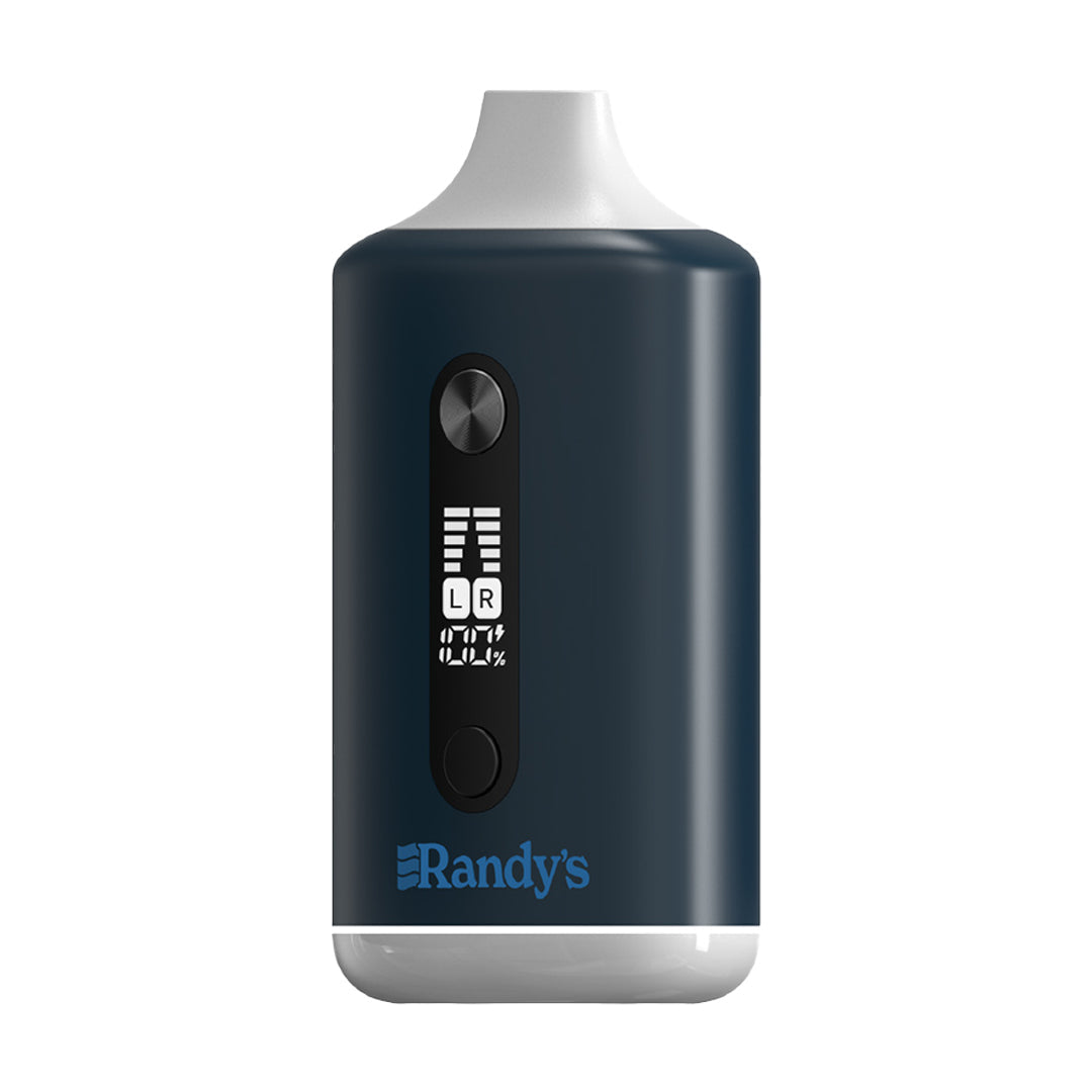 Randy's Inspo Dual Vape Bar Battery in Dark Blue, a premium 1000mAh 510 battery for two cartridges, showcasing the variable voltage on a bright OLED screen.