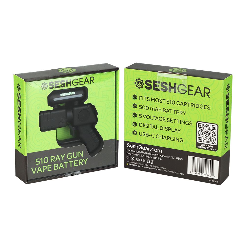 Front and back view of the SeshGear Ray Gun retail box, detailing the "Pistol Grip" features and technical specifications of the 500mAh battery.