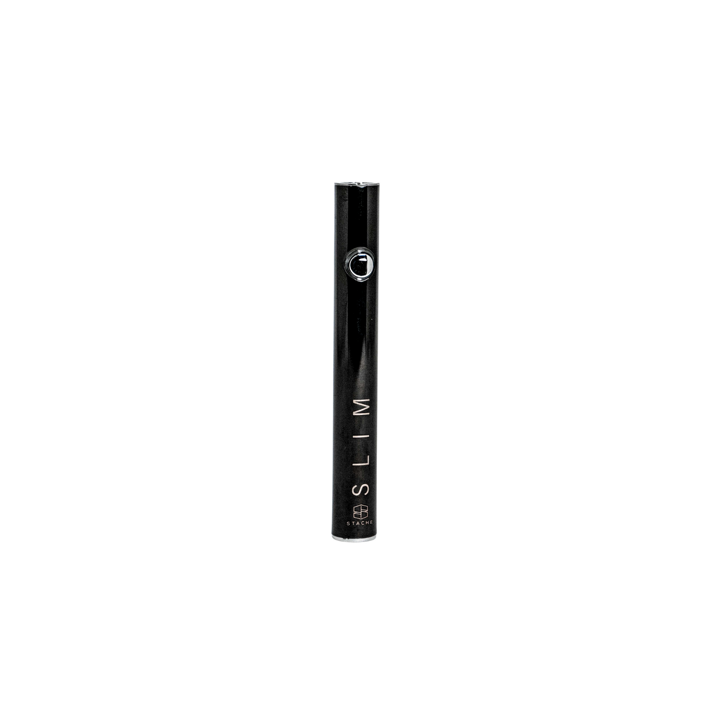 The Stache SLIM in Onyx, a deep, polished black finish. The image showcases the sleek, professional look of the battery, highlighting its durable construction and button interface.