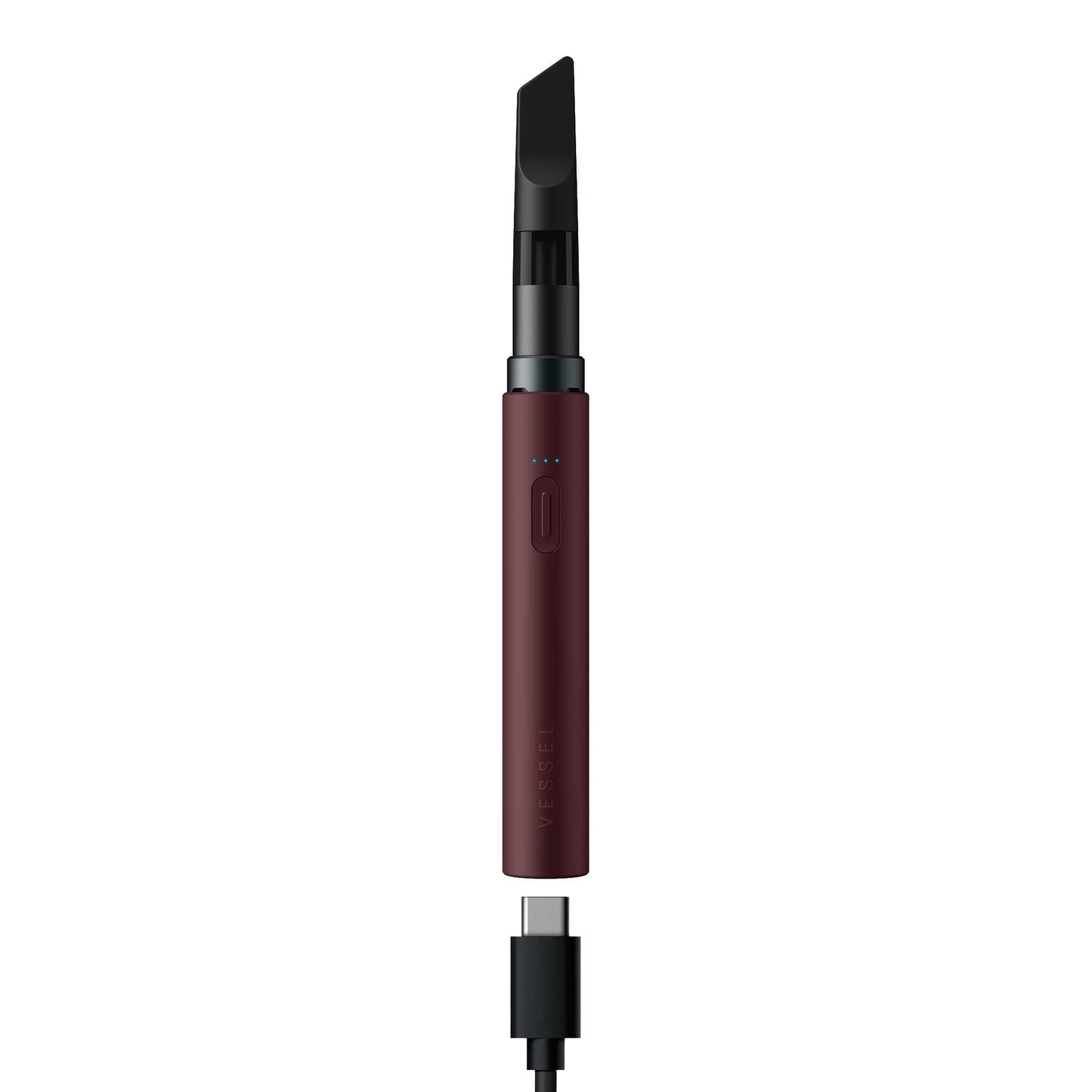 A detailed studio product shot of the Vessel Core 510 vape battery in Merlot displaying its bottom charging port. The wine-red device stands vertically with an installed 510 cartridge, showing a black USB-C cable being plugged into the high-efficiency Type-C port located cleanly on the base of the aluminum frame.
