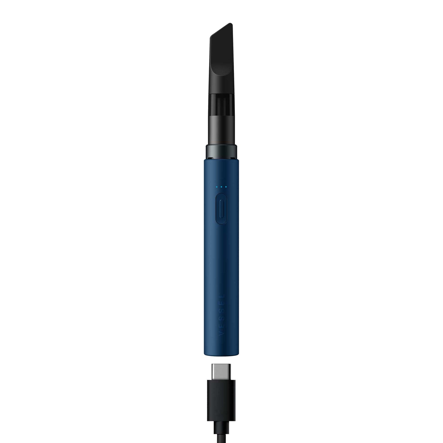 A detailed studio product shot of the Vessel Core 510 vape battery in Navy displaying its bottom charging port. The deep blue device stands vertically with an installed 510 cartridge, showing a black USB-C cable being plugged into the high-efficiency Type-C port located cleanly on the base of the aluminum frame.