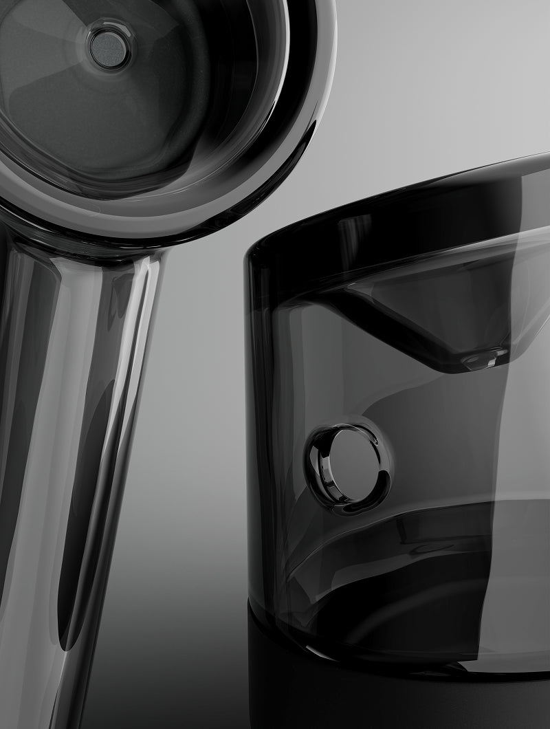 A dual-focus shot of the Vessel Forge glass. One view provides a clear look at the deep, hand-sculpted loading bowl, while the adjacent view highlights the precision-placed carb hole on the side of the glass. This illustrates the airflow control and large capacity of the pipe.