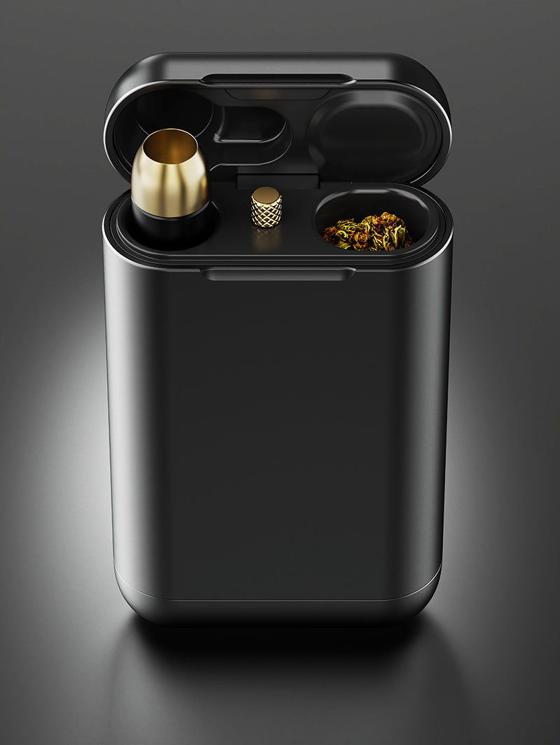 An elevated, angled view of the complete Vessel Helix Axis and pipe assembly stored within the Dugout storage case. This broader perspective emphasizes the modular design of the system, showing the Axis bowl, the poker tool, and the dry herb storage all perfectly organized in the durable, discreet, tactical travel case.
