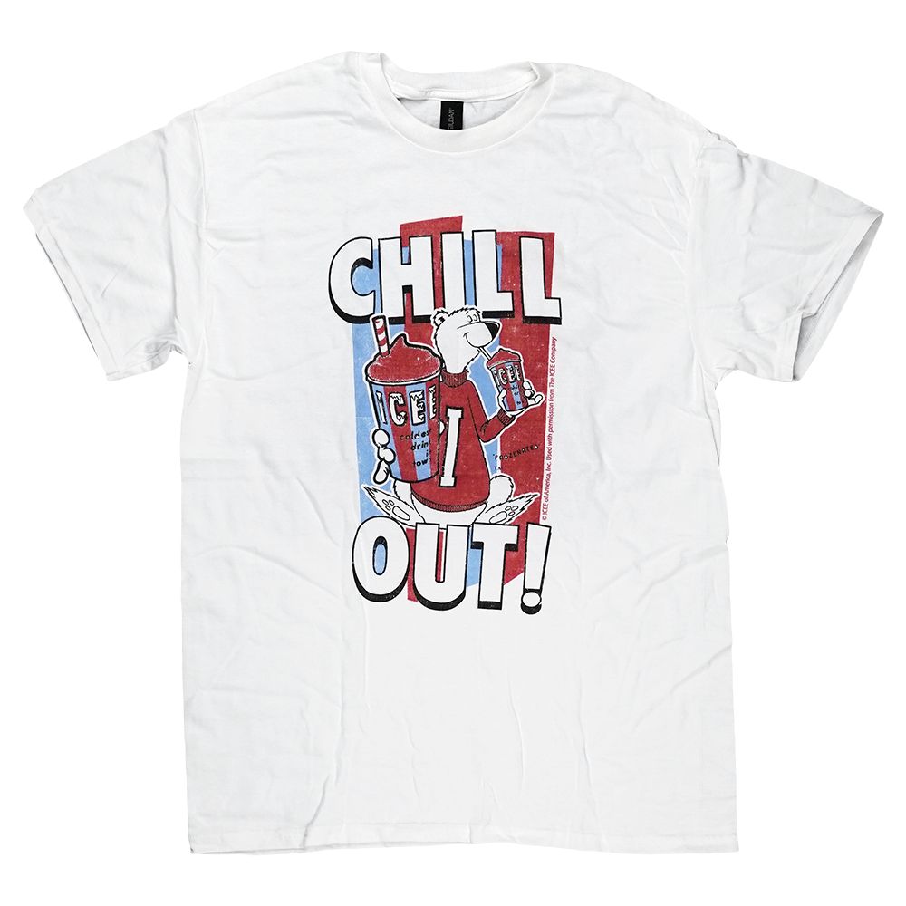 White Brisco Brands ICEE T-shirt featuring the polar bear mascot and 'CHILL OUT!' graphic.