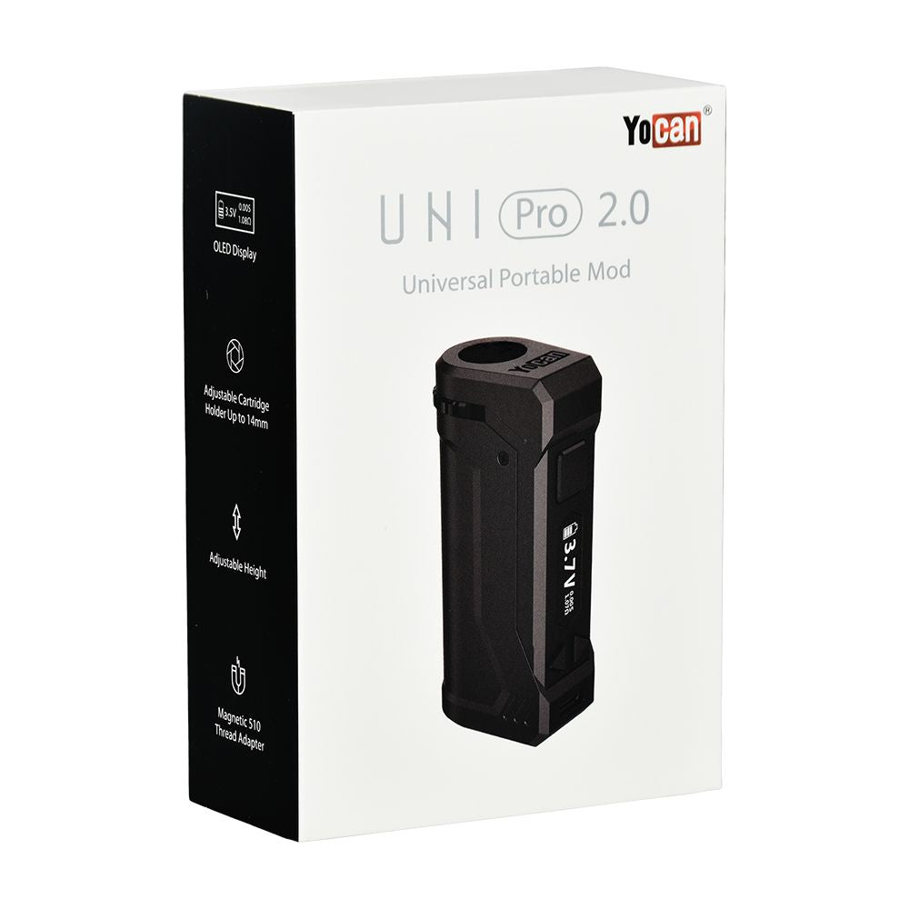 The official Yocan UNI Pro 2.0 retail packaging. The white and black box prominently features the "UNI Pro 2.0" branding and clear icons detailing its core specifications: OLED Display, Adjustable Cartridge Holder (up to 14mm), Adjustable Height, and Magnetic 510 Thread Adapter.
