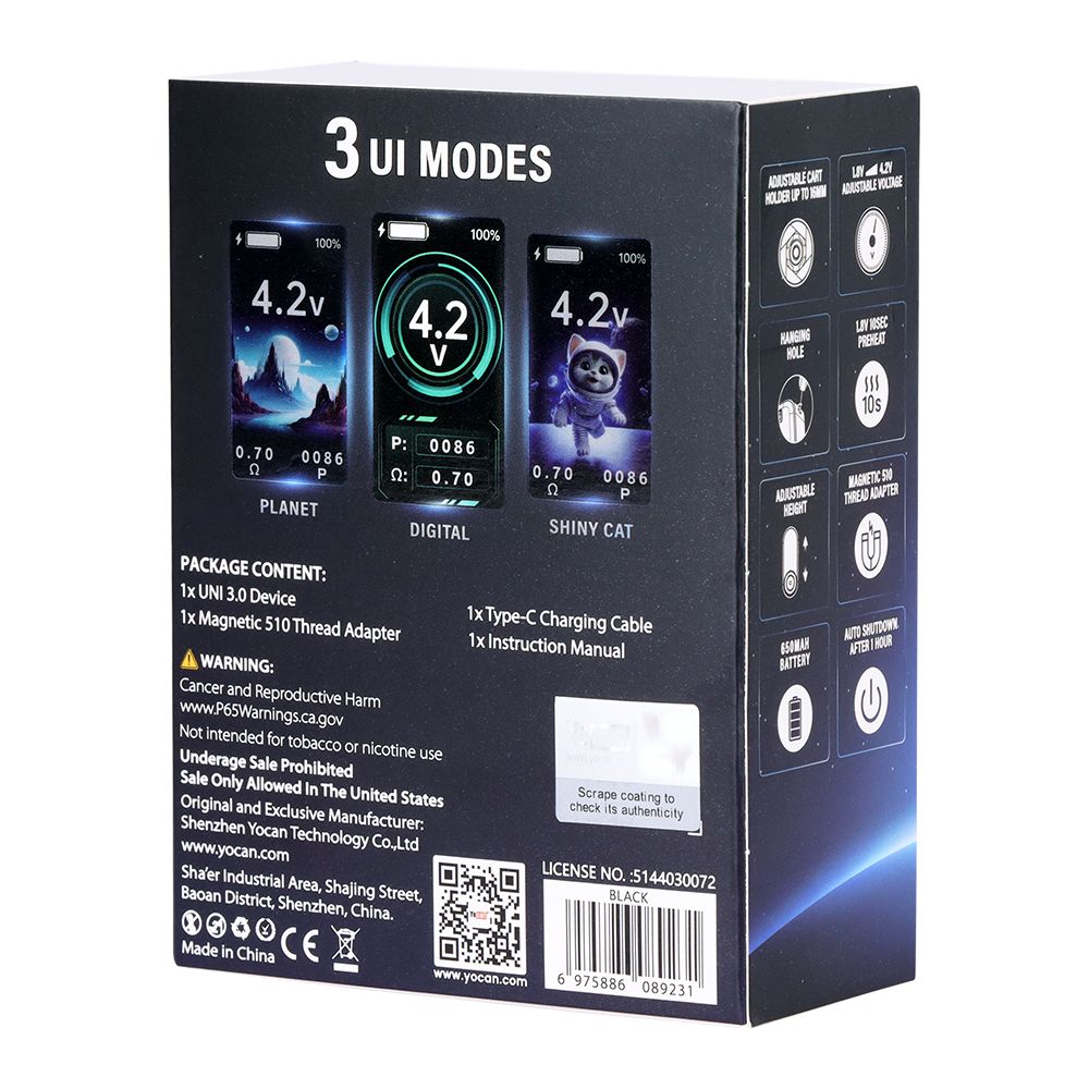 Back of Yocan UNI Pro 3.0 packaging showing three UI modes (Planet, Digital, Shiny Cat), Type-C charging, 650mAh battery capacity, and the magnetic 510 thread adapter included in the kit.