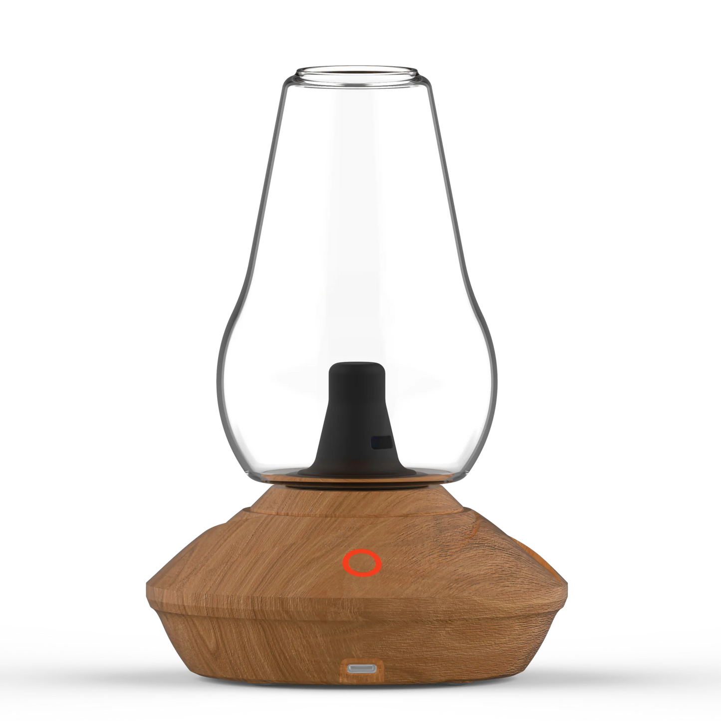 A clean front-facing studio product shot of the Zenco Uno Vaporizer highlighting the rich Wood finish base. The compact tabletop device stands upright on a clean background, showcasing its natural wood-grain styled electronic base unit beneath a single, clear borosilicate glass vapor cup chalice.