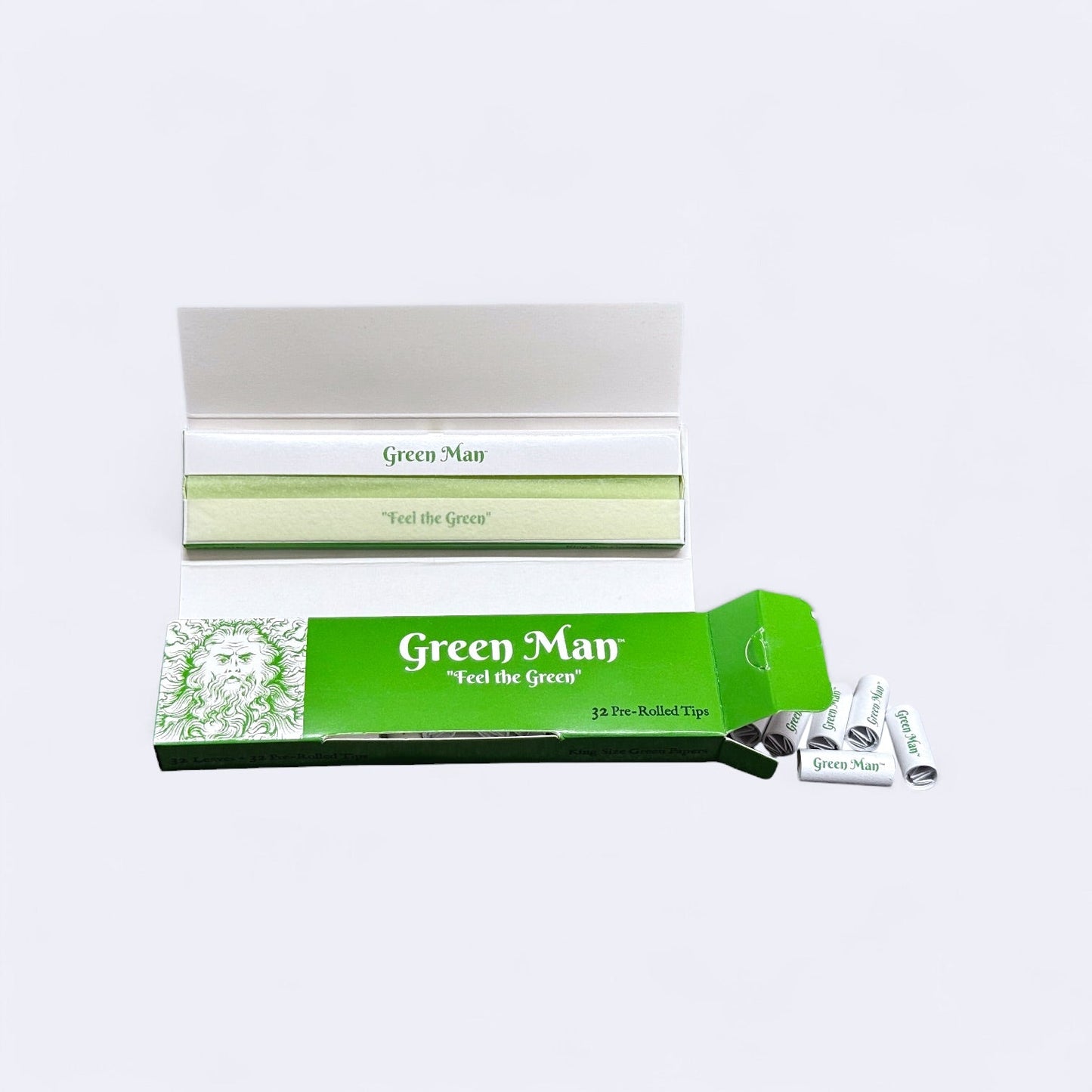 Green Man King Size Green Rice Papers with Pre-Rolled Tips Box