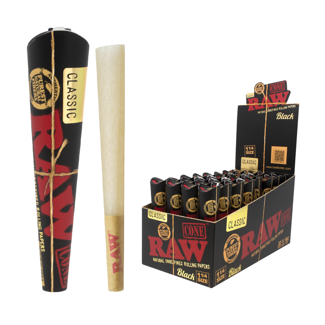 RAW Black 1-1/4 pre-rolled cones bulk display box featuring 32 packs of natural, unrefined, ultra-thin rolling paper cones with integrated tips for a smooth, slow burn.