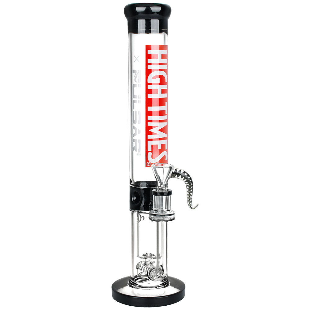 High Times x Pulsar limited edition straight tube bong featuring a 12-inch clear borosilicate glass body, a fixed downstem with a disc percolator, and a matching herb bowl with a decorative handle.