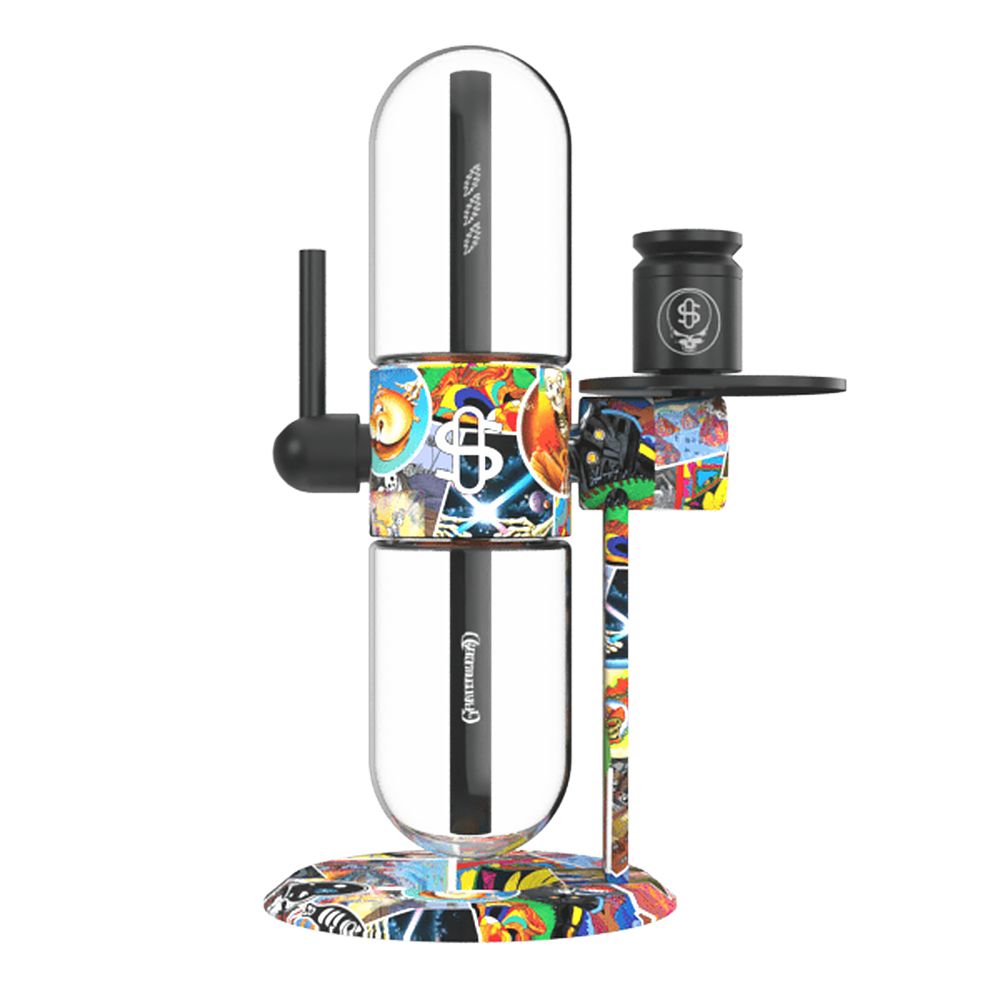 Grateful Dead x Stündenglass Gravity Infuser featuring custom psychedelic "Steal Your Face" artwork, a 360-degree kinetic motion glass gravity pipe system, and anodized aluminum hardware for elite dry herb and concentrate sessions.