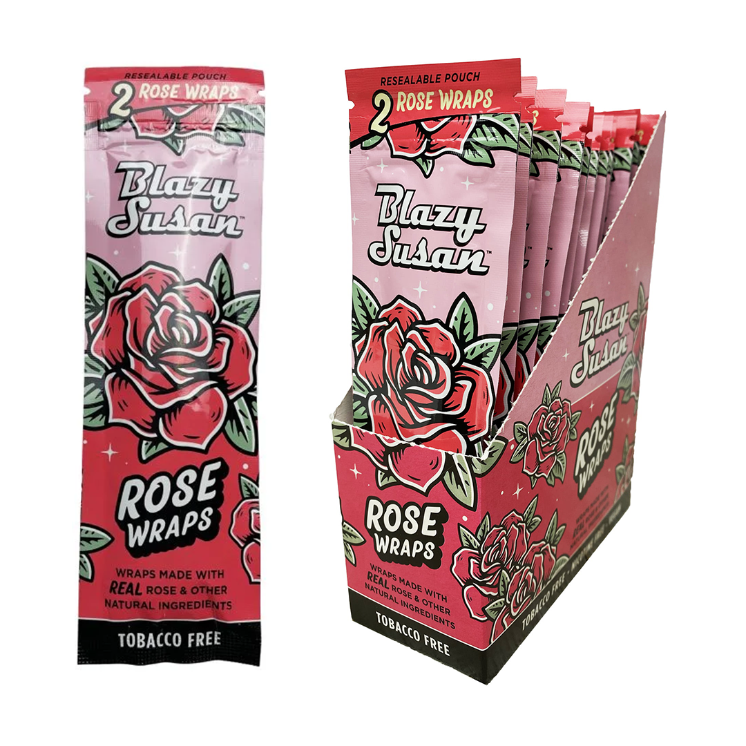 Blazy Susan Rose Wraps 2-pack resealable pouch, made from real rose petals and natural ingredients for a slow-burning, tobacco-free rolling experience.
