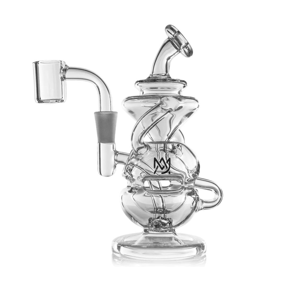 MJ Arsenal Infinity Mini Dab Rig featuring a precision-crafted clear quartz body, an innovative double uptake recycler for continuous water movement, an egg-style percolation chamber, and a 10mm male quartz banger.