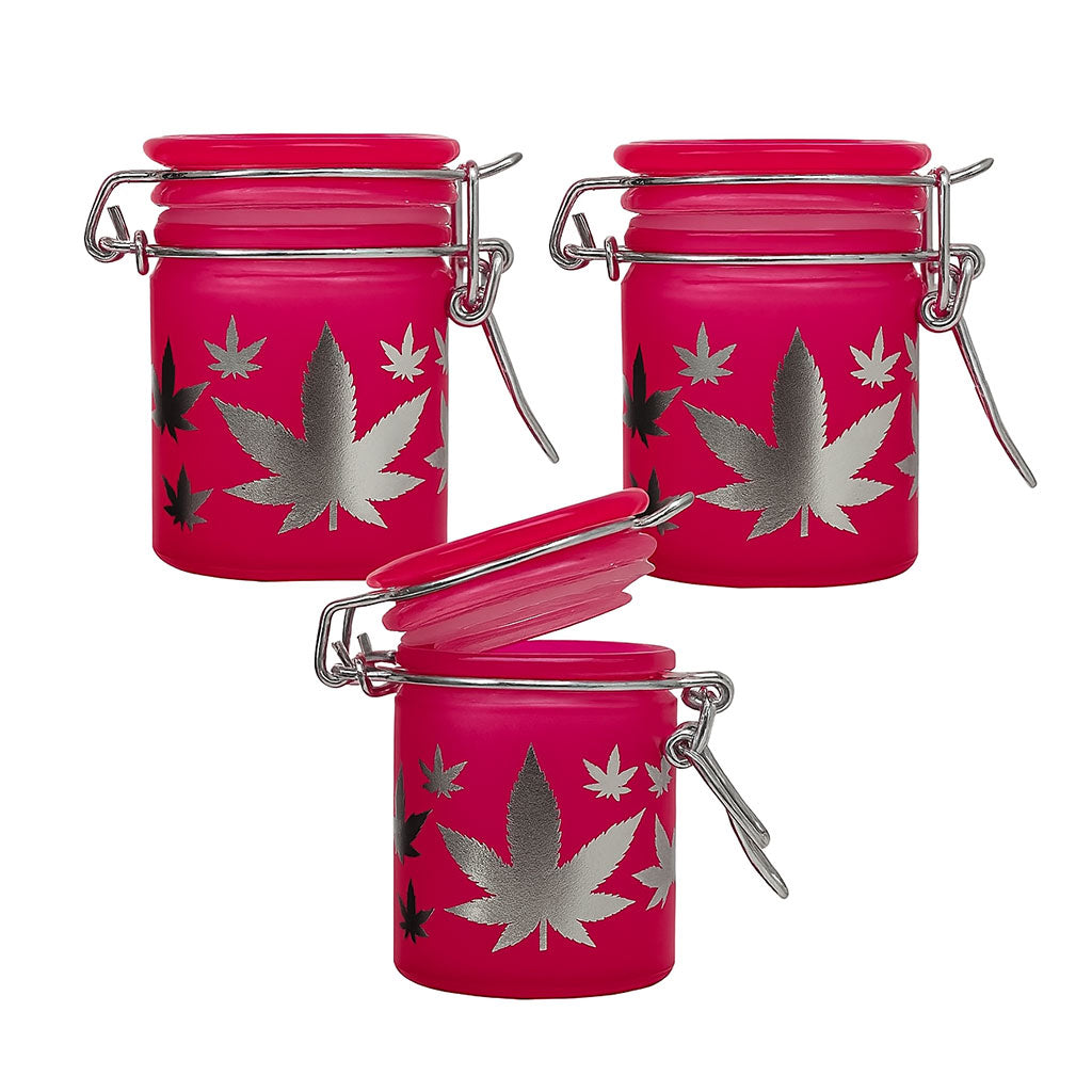 AIRTIGHT GLASS SILVER LEAVES STASH JAR WITH CLAMP LID TWO DIFFERENT SIZES AVAILABLE