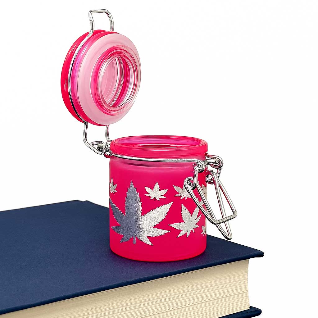 AIRTIGHT GLASS SILVER LEAVES STASH JAR WITH CLAMP LID TWO DIFFERENT SIZES AVAILABLE