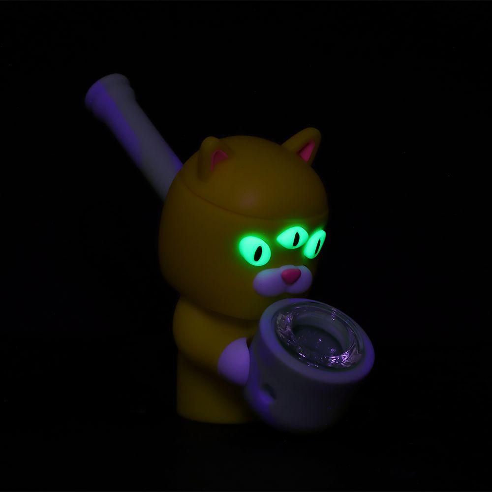 Three-Eyed Cat Secret Stash Silicone Hand Pipe - 4" Eyes Glow In The Dark