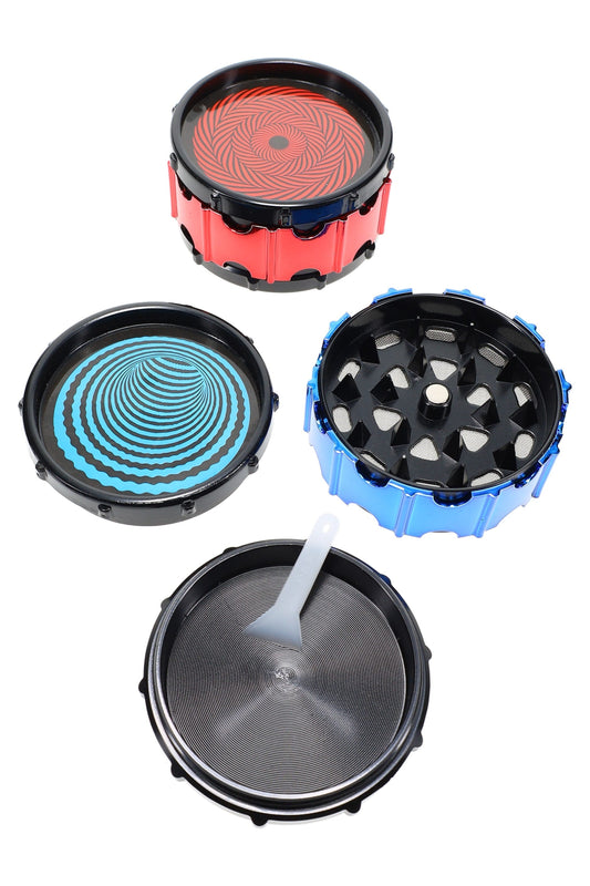 Hypnotic Design 3-Part Metal Herb Grinder “HypnoSpin” – 2″ – Assorted Colors