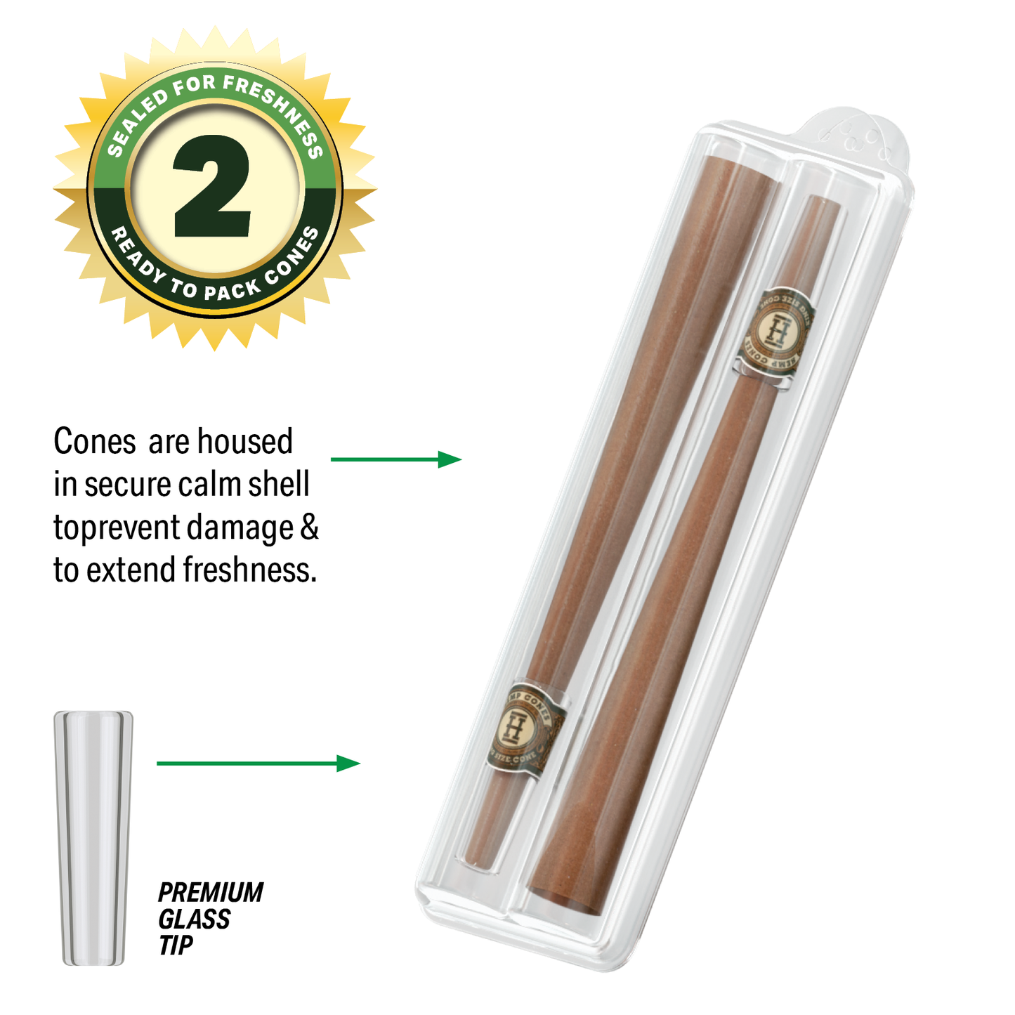 Pre-Rolled King Size Glass Tipped Hemp Cones | 2PK Multiple Flavors Available