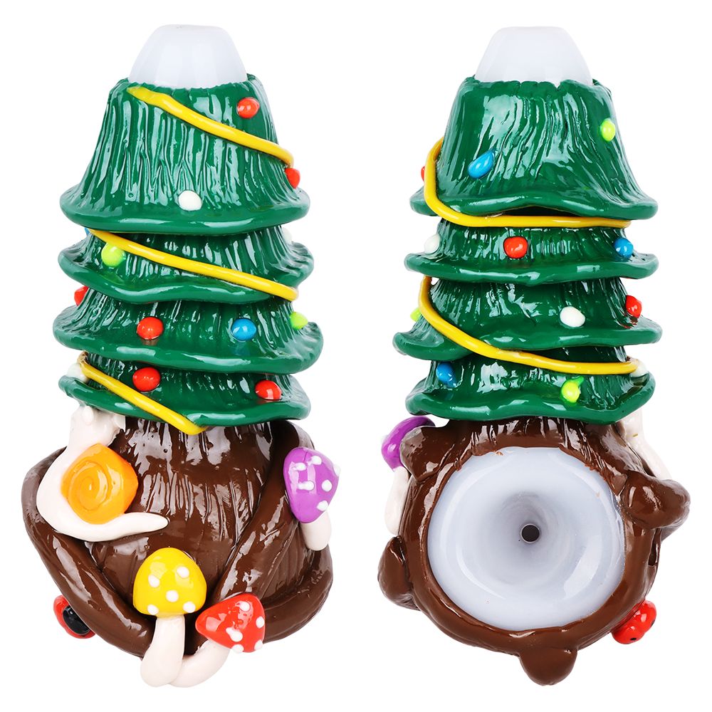 Shroom Xmas Tree Glow In The Dark Enamel Resin Sculpted Glass Spoon Pipe - 5"
