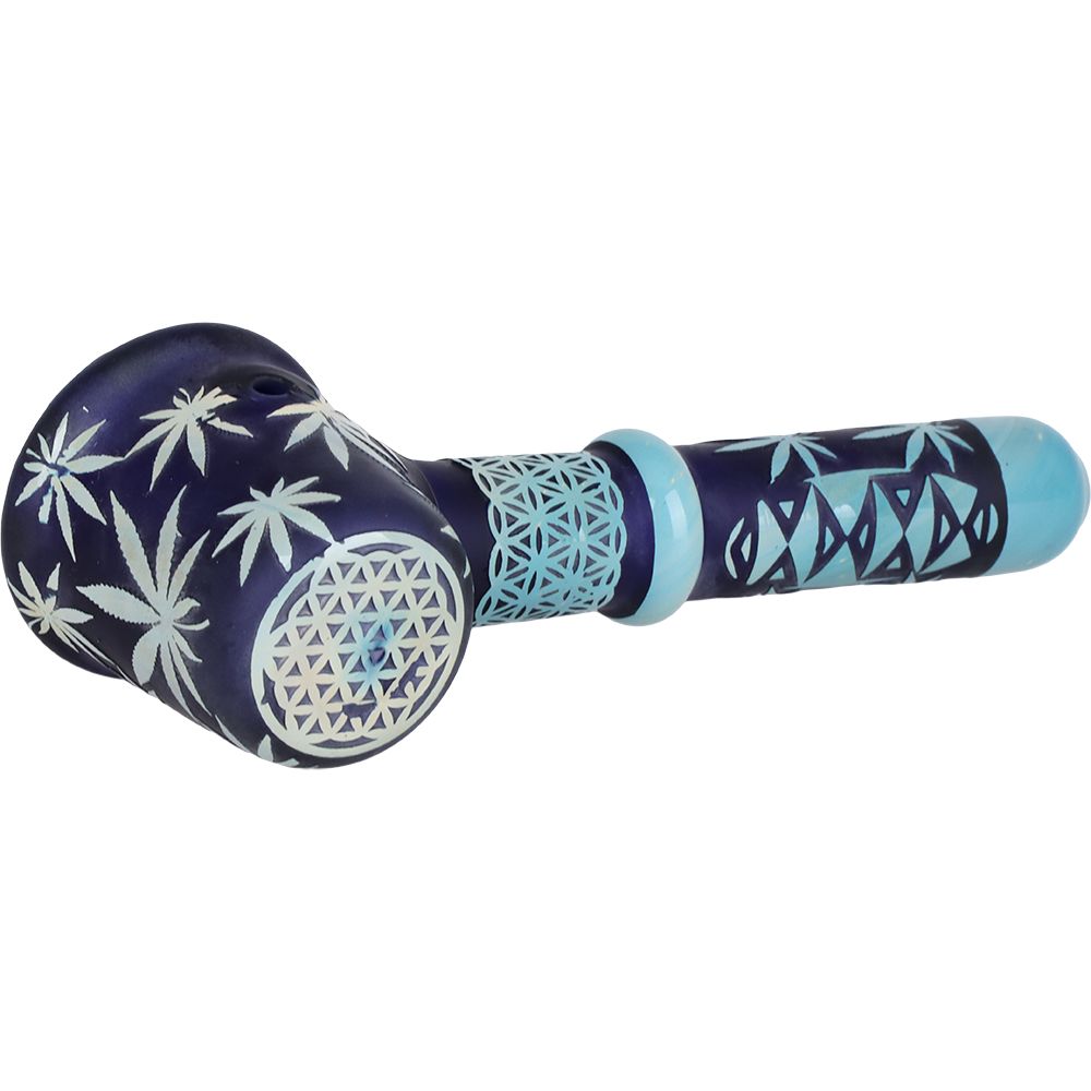 Flower of Leaf Sandblasted Glass Hand Pipe - 4.75"" / Colors Vary