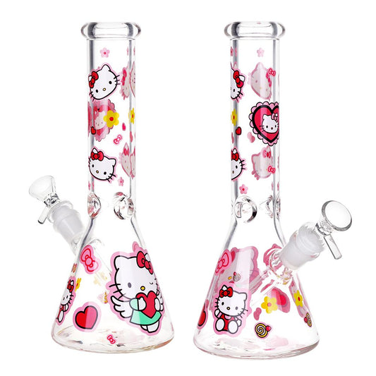 Heart Loving Cute Kitty Beaker Glass Water Pipe - 10" / 14mm F